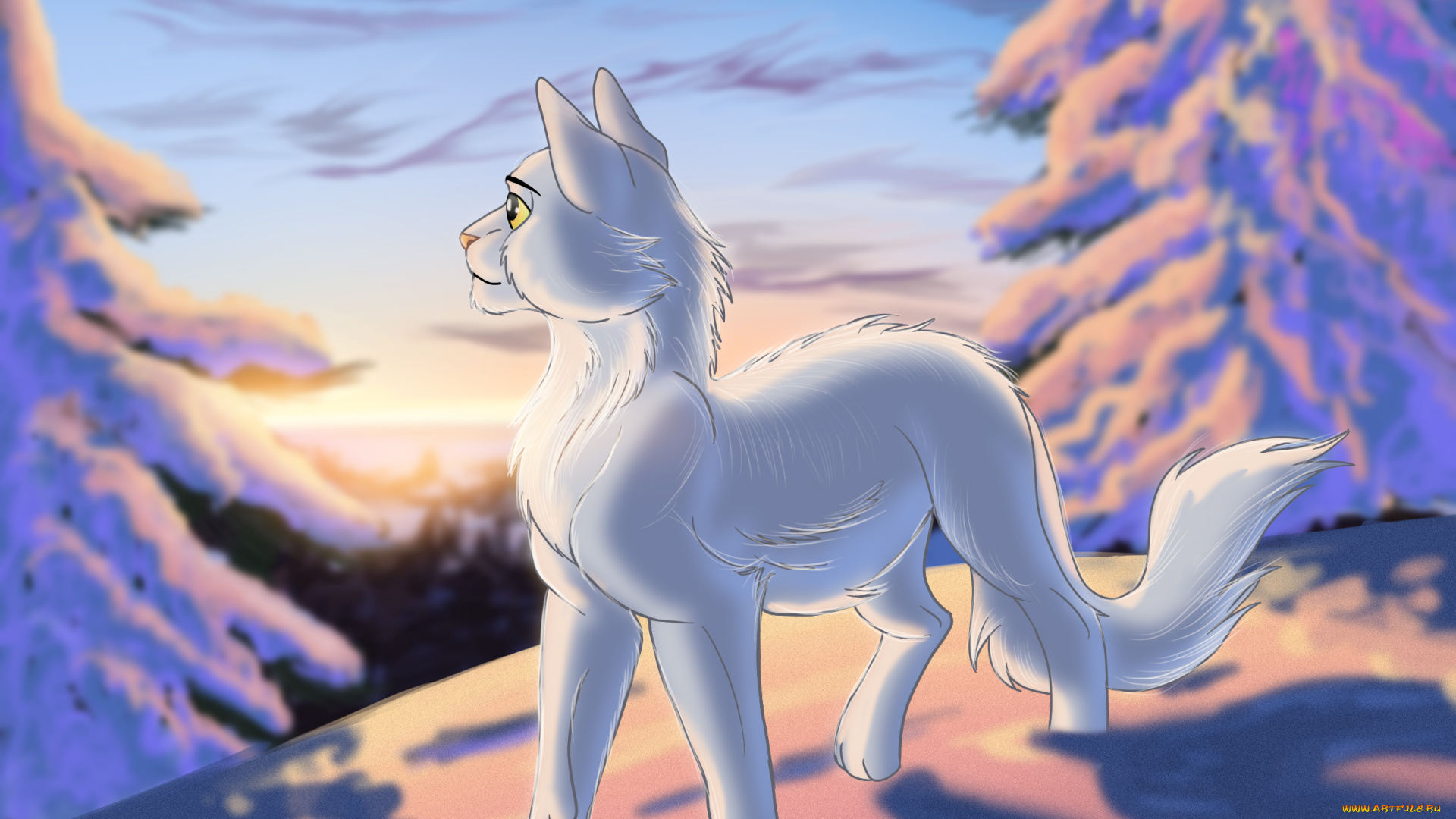 рисованное, животные, , коты, кот, снег, лес, фон, взгляд