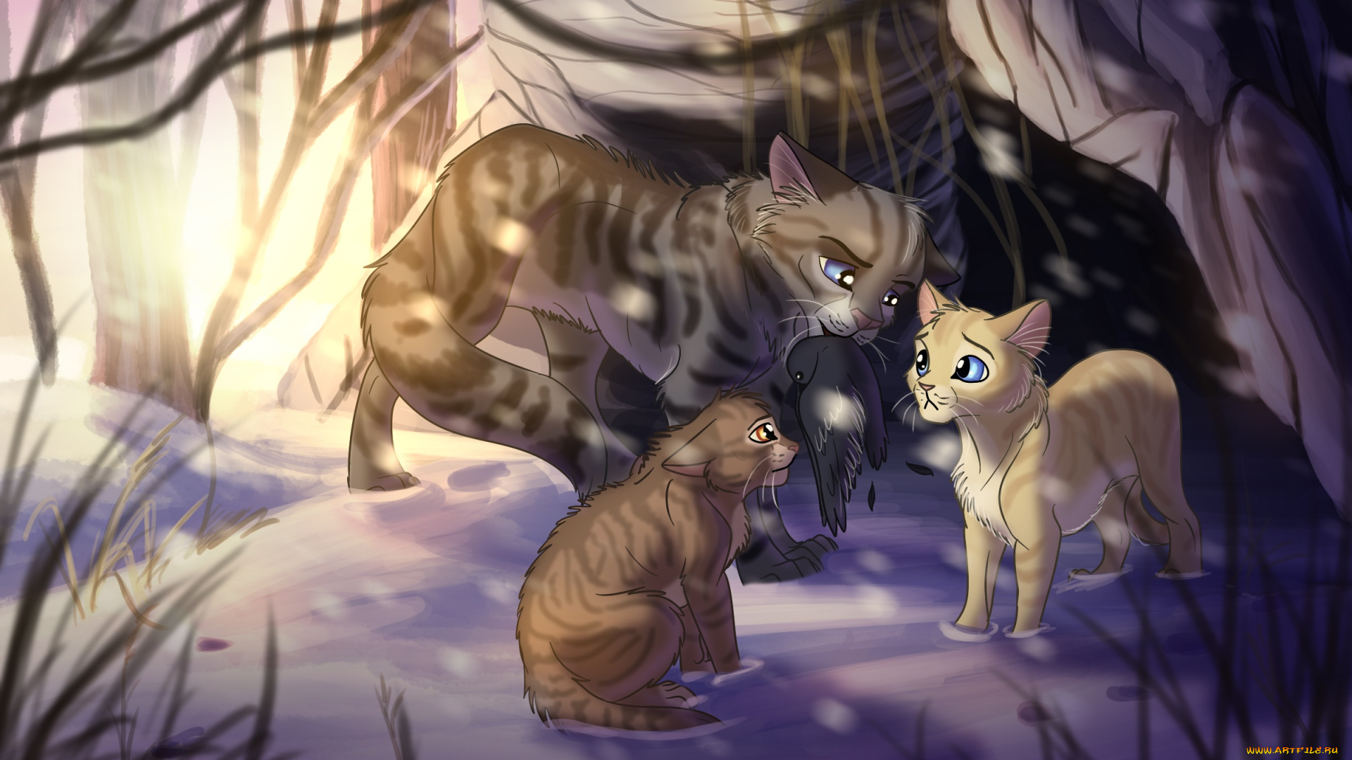 рисованное, животные, , коты, лес, коты, семья, снег