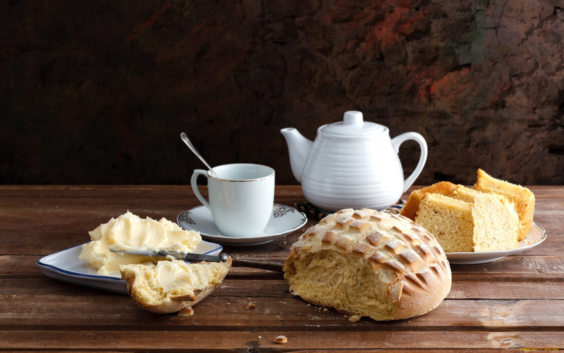 еда, хлеб, , выпечка, натюрморт, посуда, масло, чайник, чашка