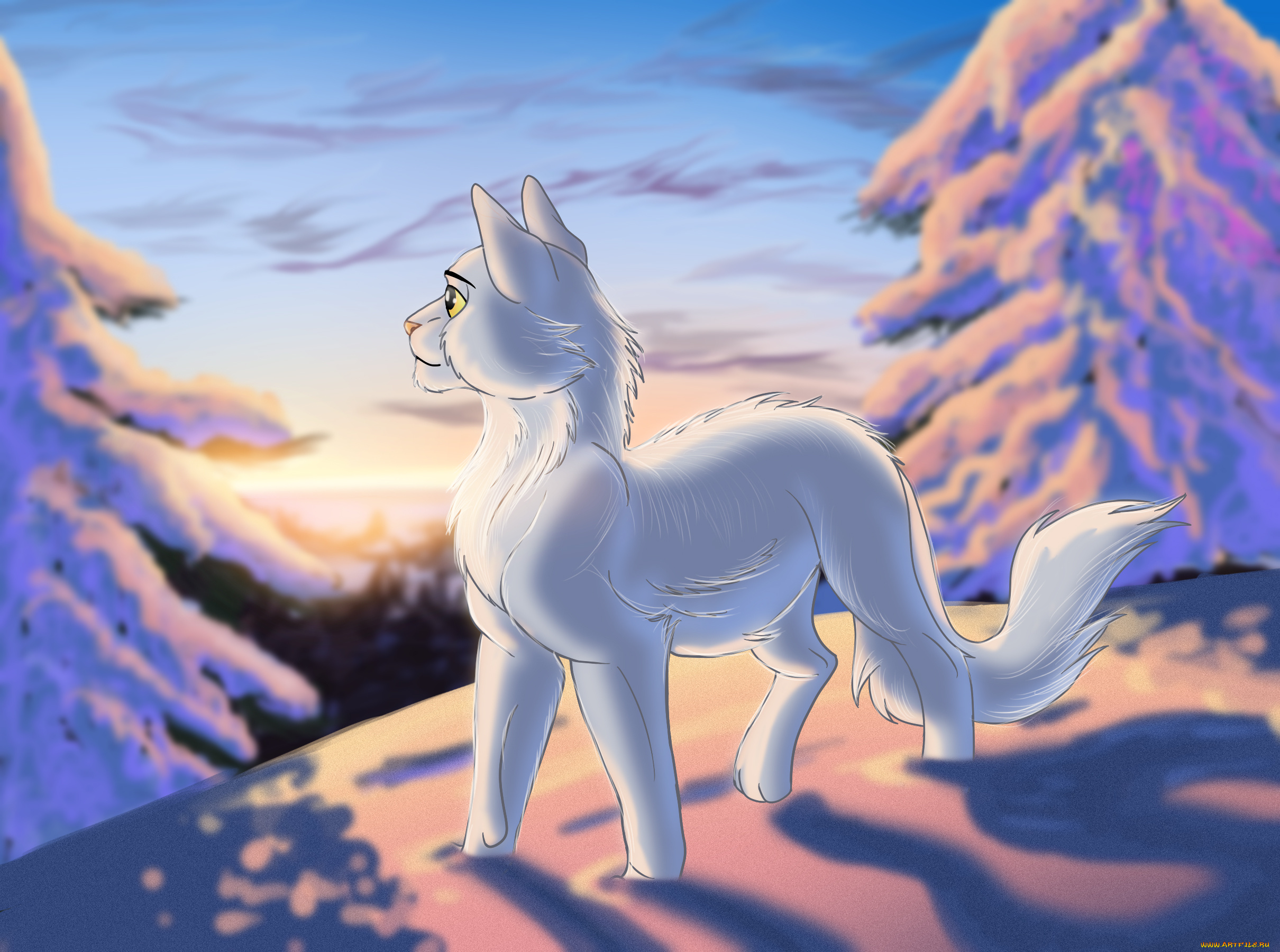 рисованное, животные, , коты, кот, снег, лес, фон, взгляд