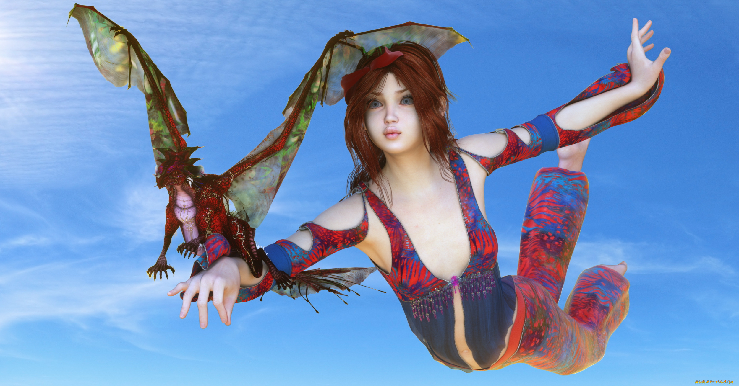 3д, графика, фантазия, , fantasy, дракон, фон, взгляд, девушка