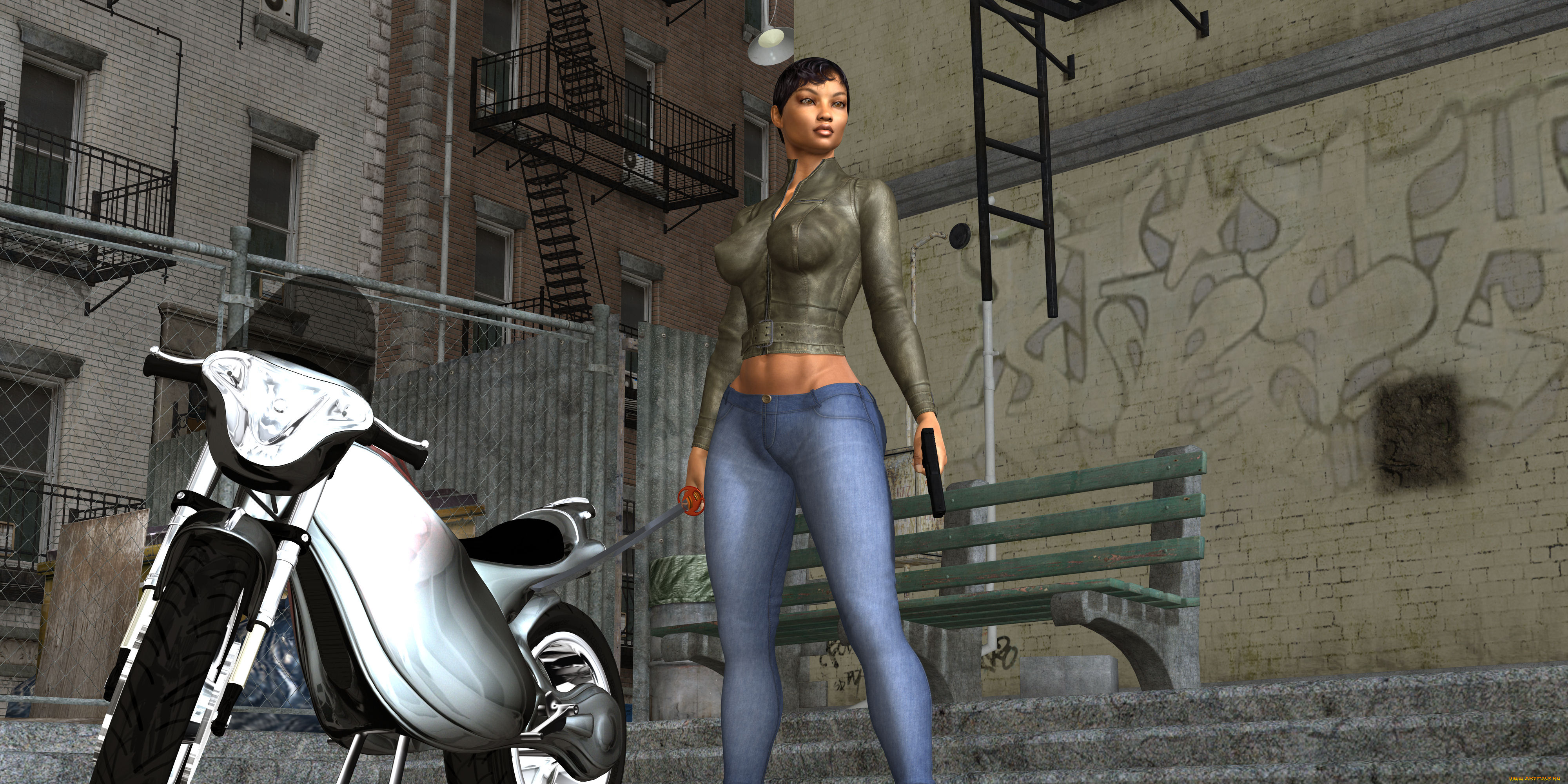 3д, графика, люди, , people, мотоцикл, оружие, фон, взгляд, девушка