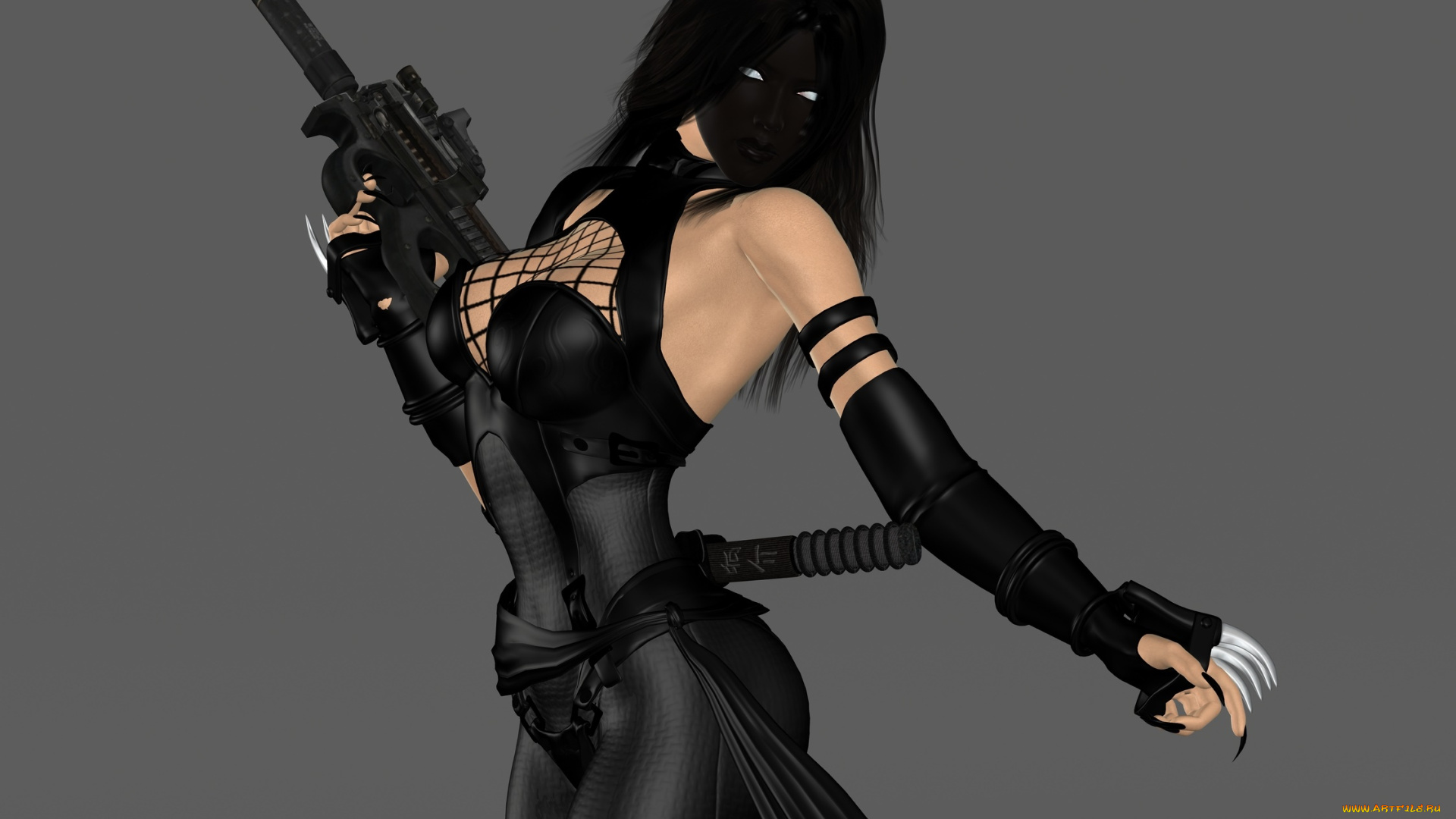 3д, графика, фантазия, , fantasy, девушка, ниндзя, фон, оружие, взгляд