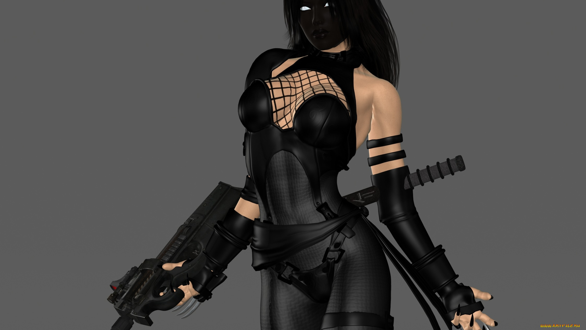 3д, графика, фантазия, , fantasy, ниндзя, оружие, фон, девушка, взгляд