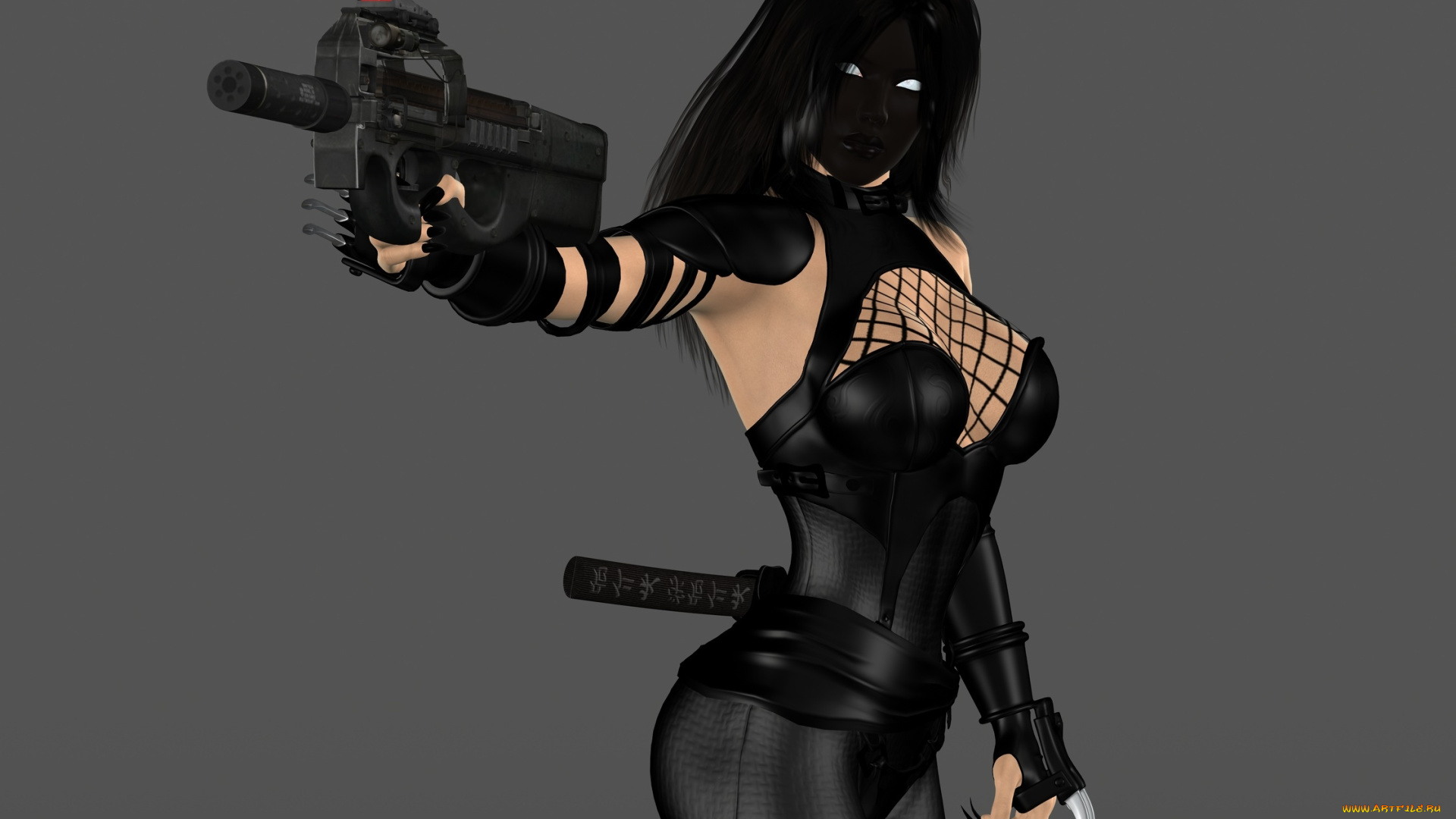 3д, графика, фантазия, , fantasy, взгляд, ниндзя, девушка, оружие, фон