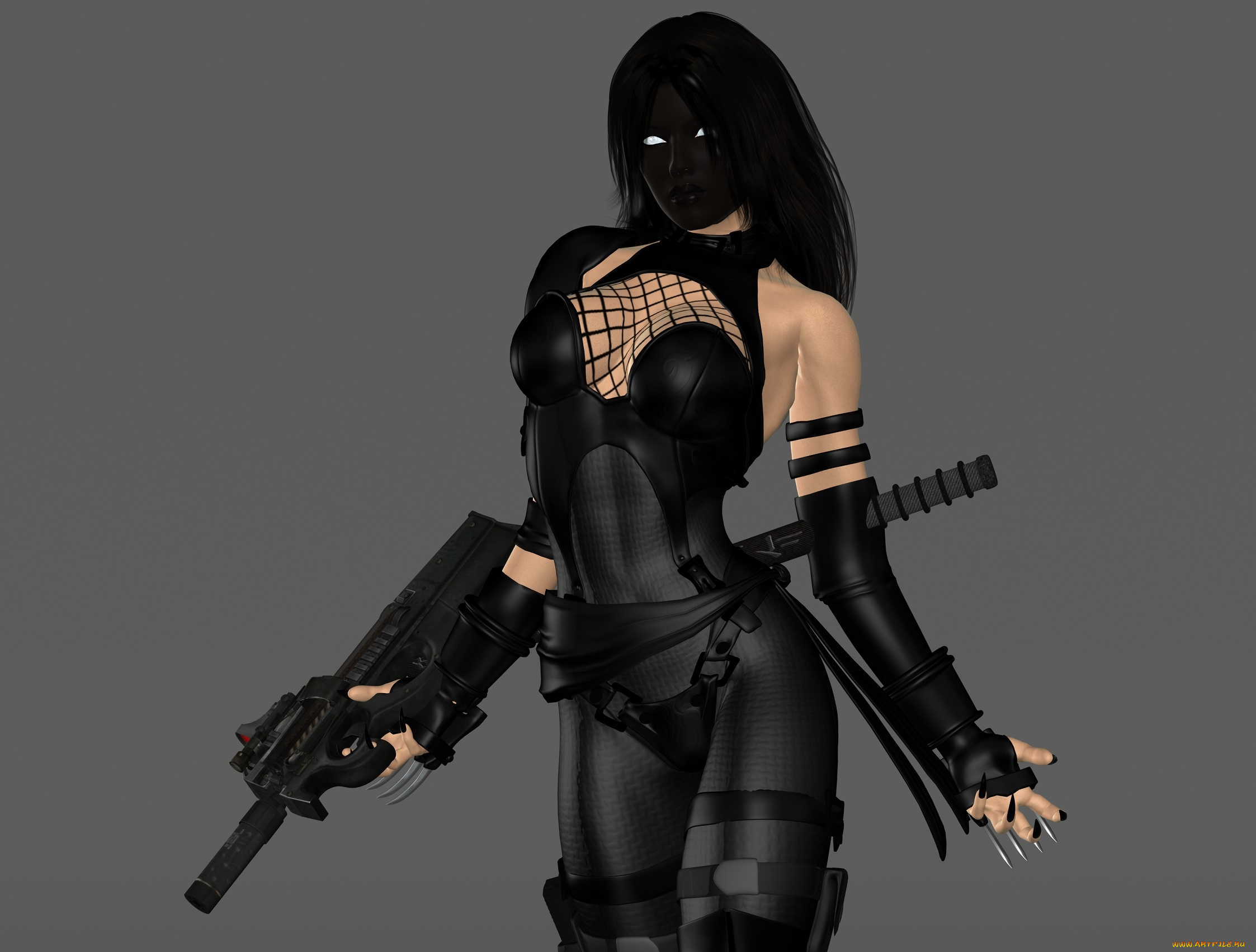 3д, графика, фантазия, , fantasy, ниндзя, оружие, фон, девушка, взгляд