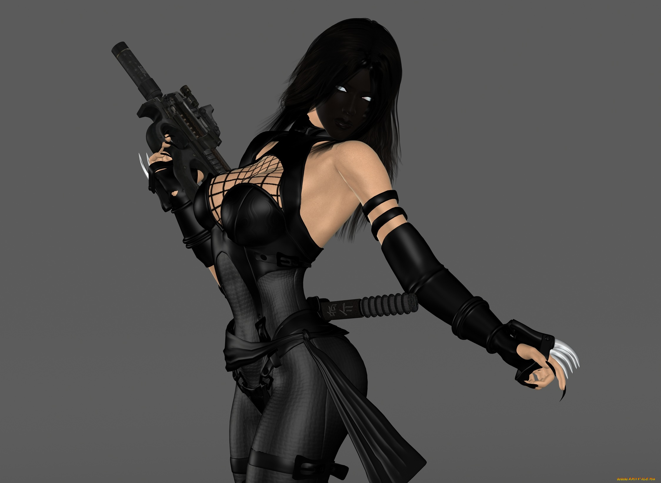 3д, графика, фантазия, , fantasy, девушка, ниндзя, фон, оружие, взгляд