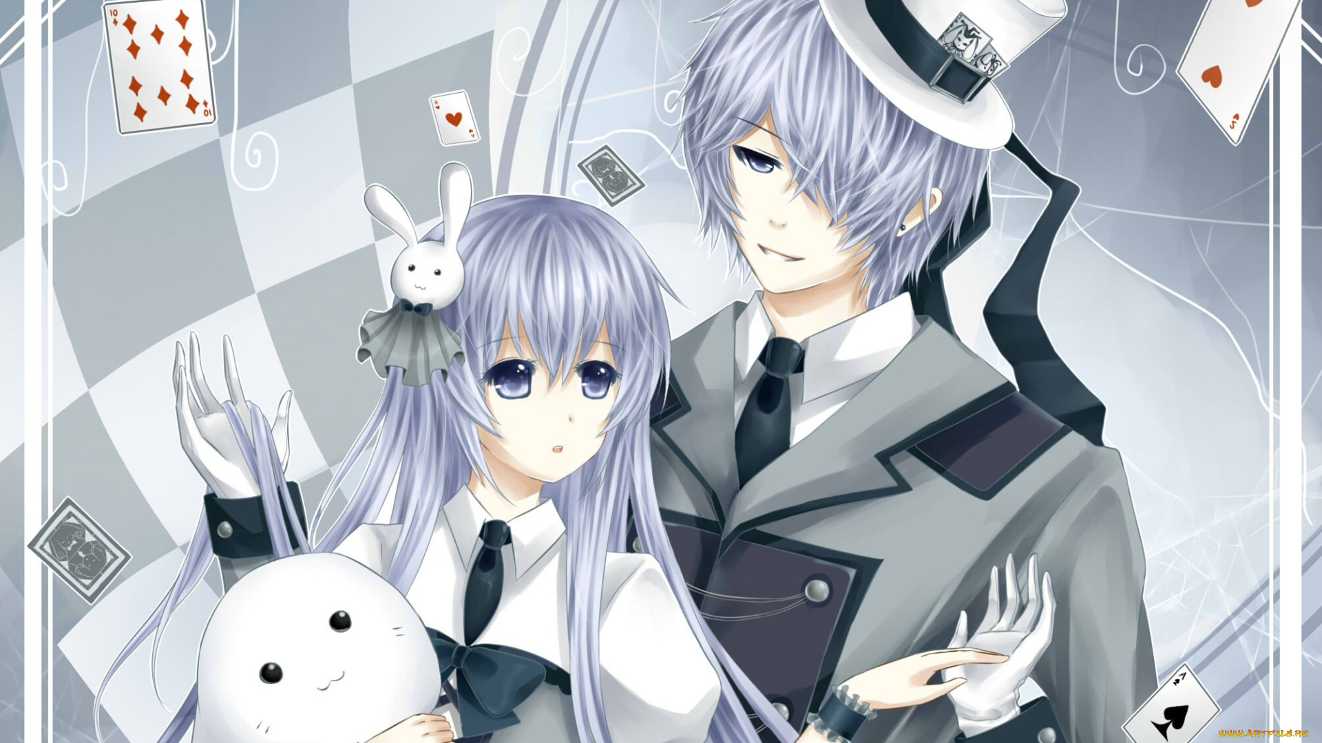аниме, unknown, , другое, заяц, шляпа, игрушка, карты, парень, девушка