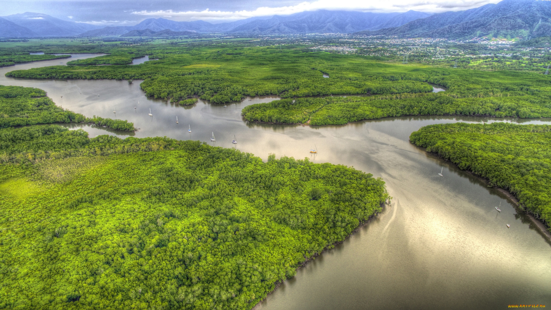 австралия, природа, реки, озера, горы, деревья, яхты, водоем