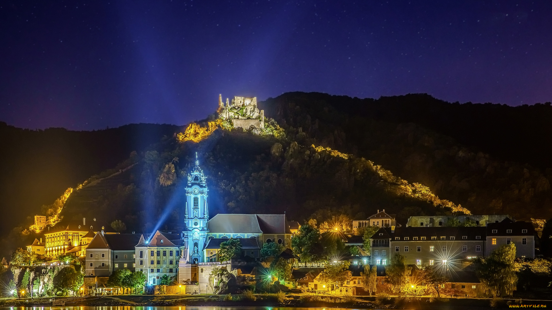 австрия, города, -, огни, ночного, города, ночь, фонари, здания, водоем