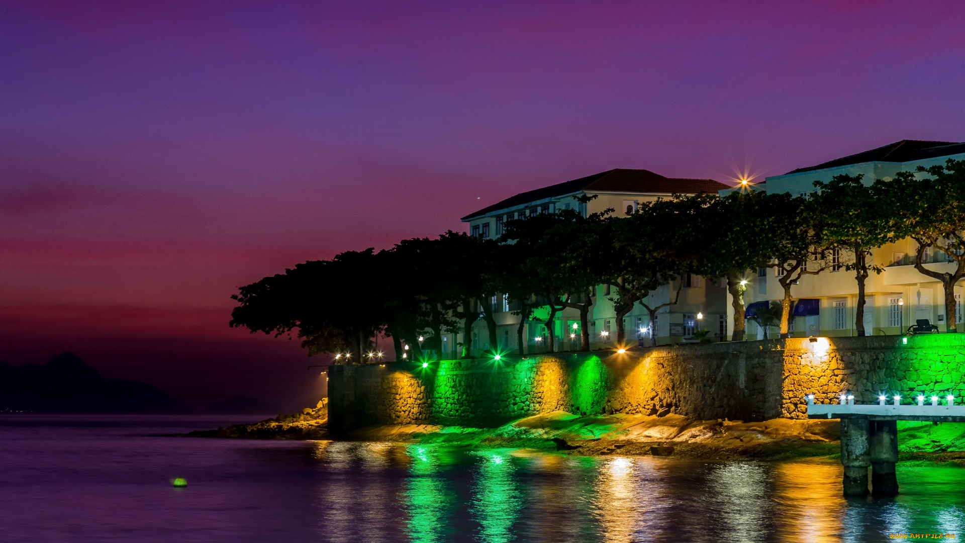 бразилия, города, -, огни, ночного, города, водоем, ночь, здания, фонари