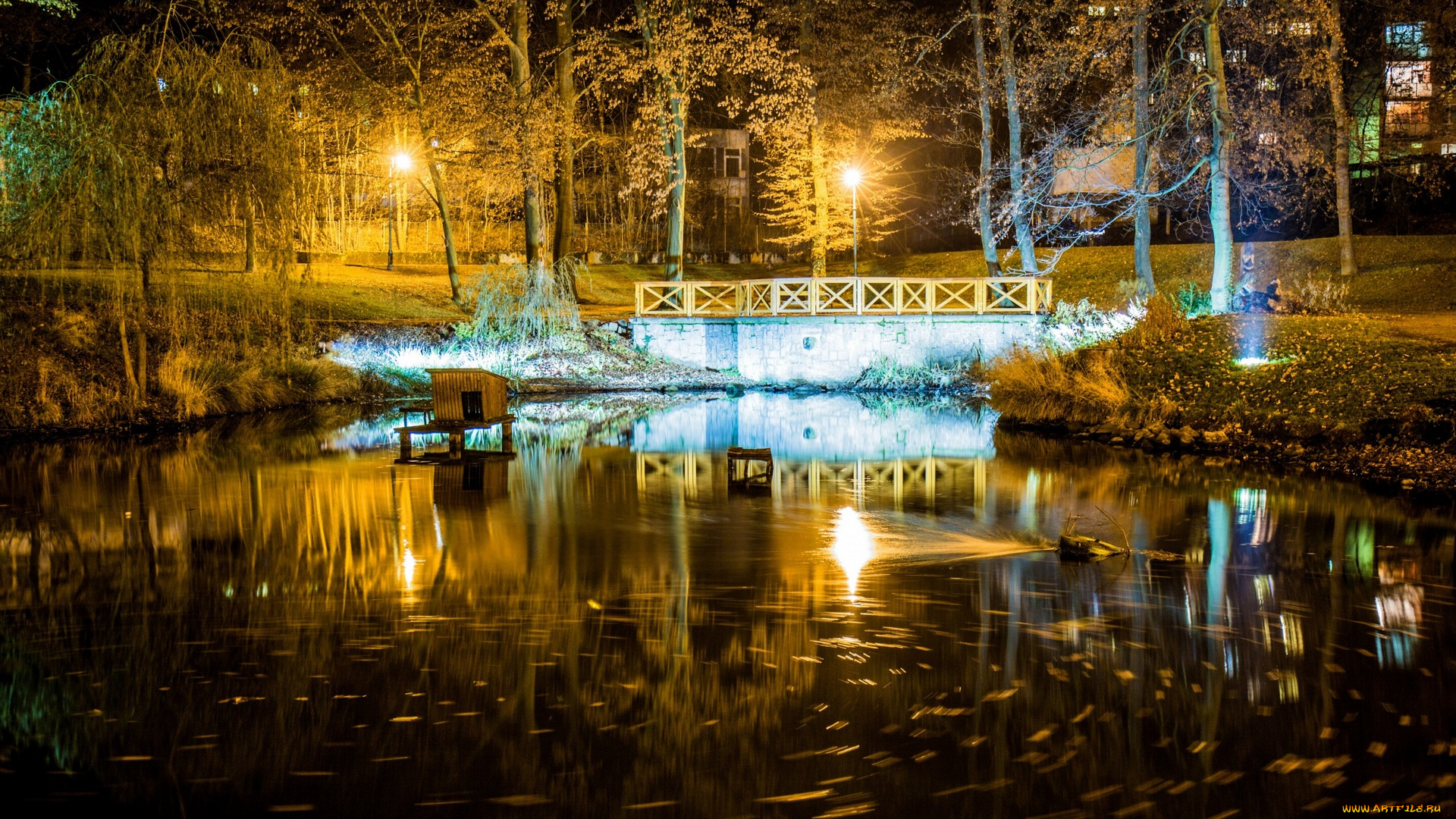 Чехия, природа, парк, здания, деревья, мост, водоем