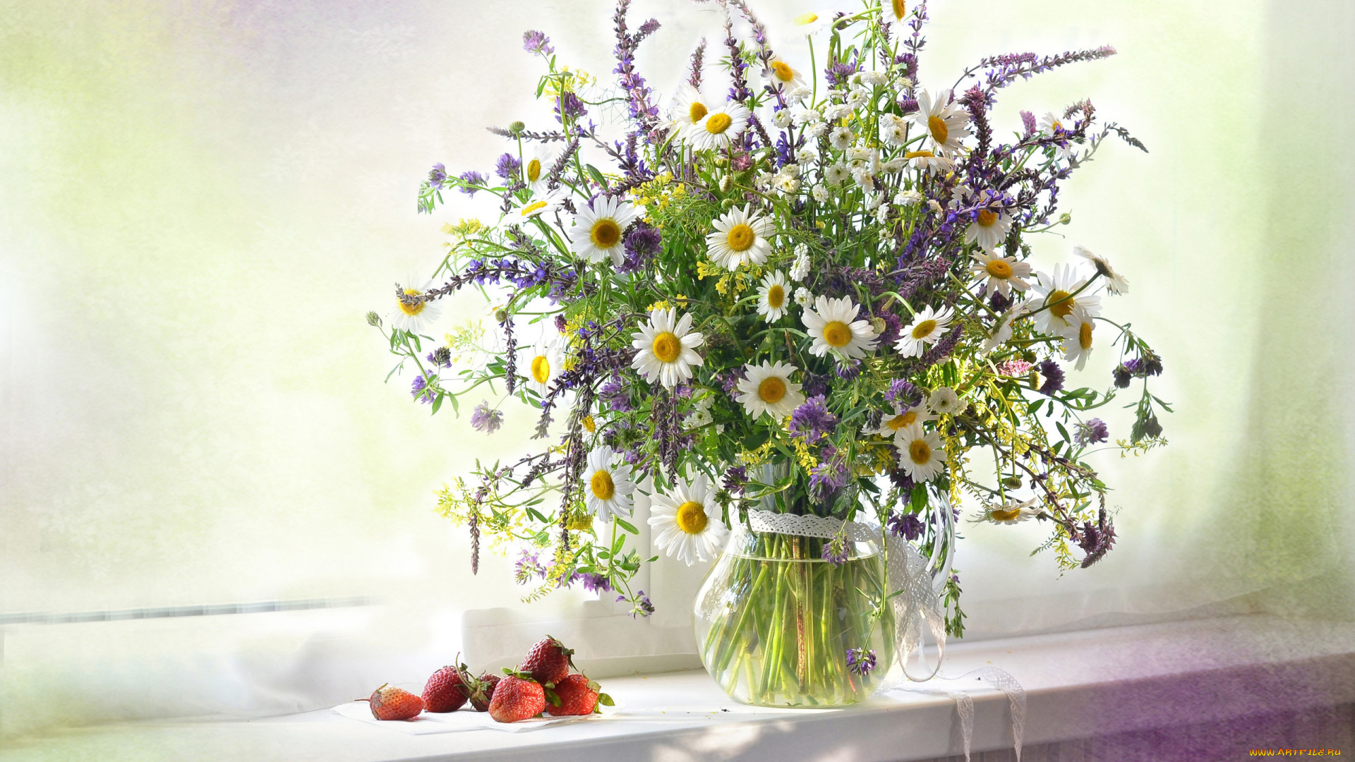цветы, разные, вместе, кувшин, окно, лето, клубника, ягоды, ромашки