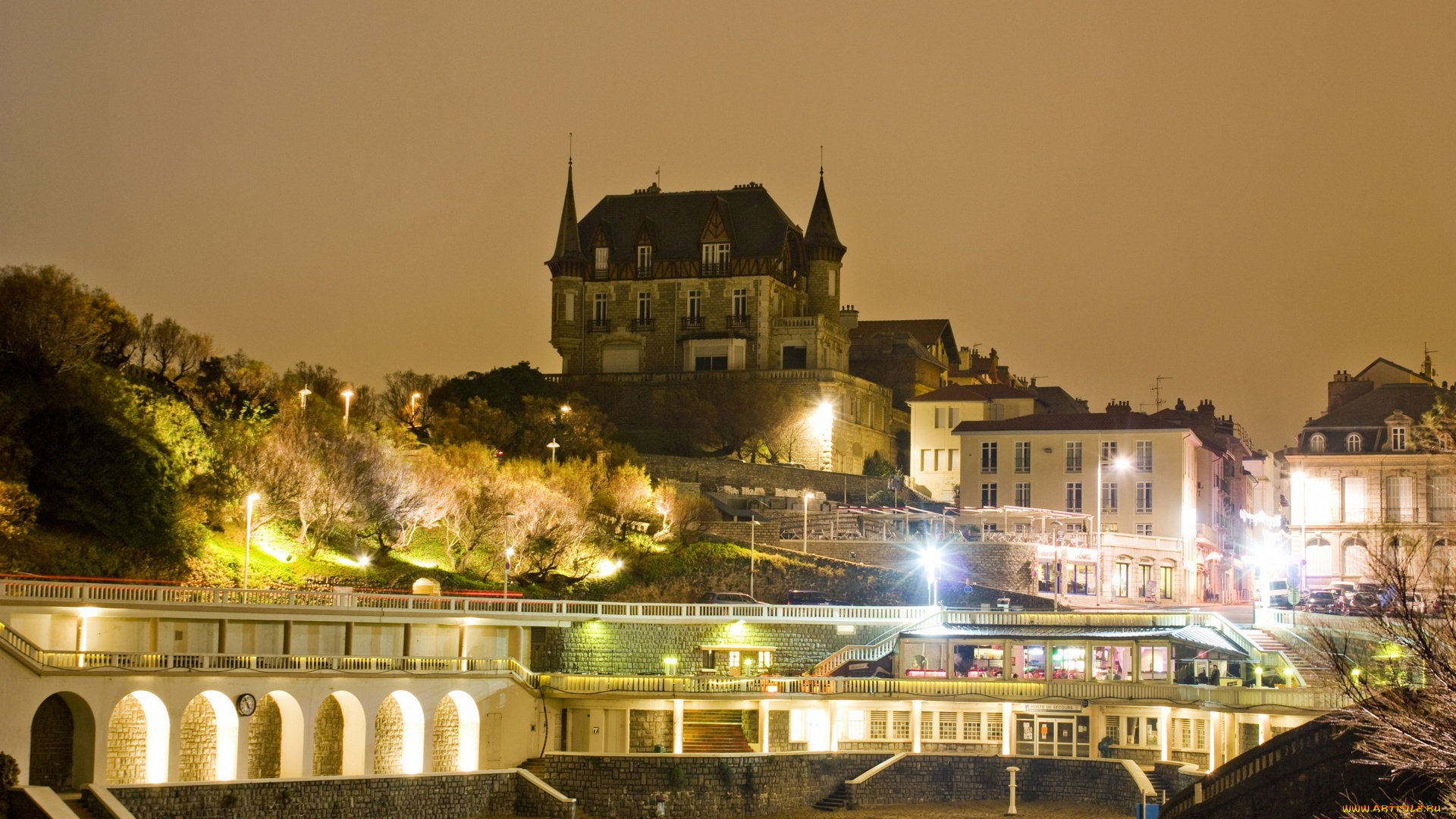 франция, города, -, огни, ночного, города, деревья, фонари, здания