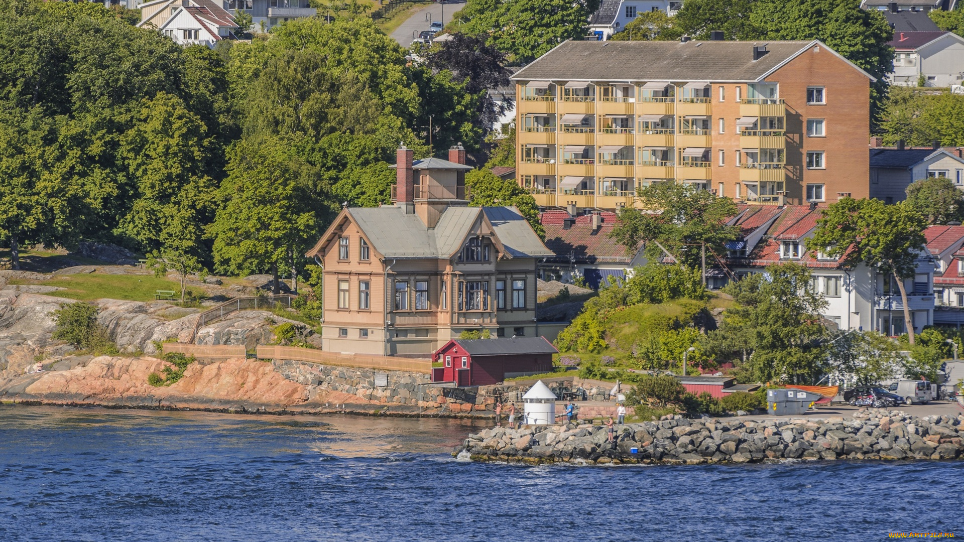 норвегия, города, -, панорамы, деревья, здания, водоем, камни