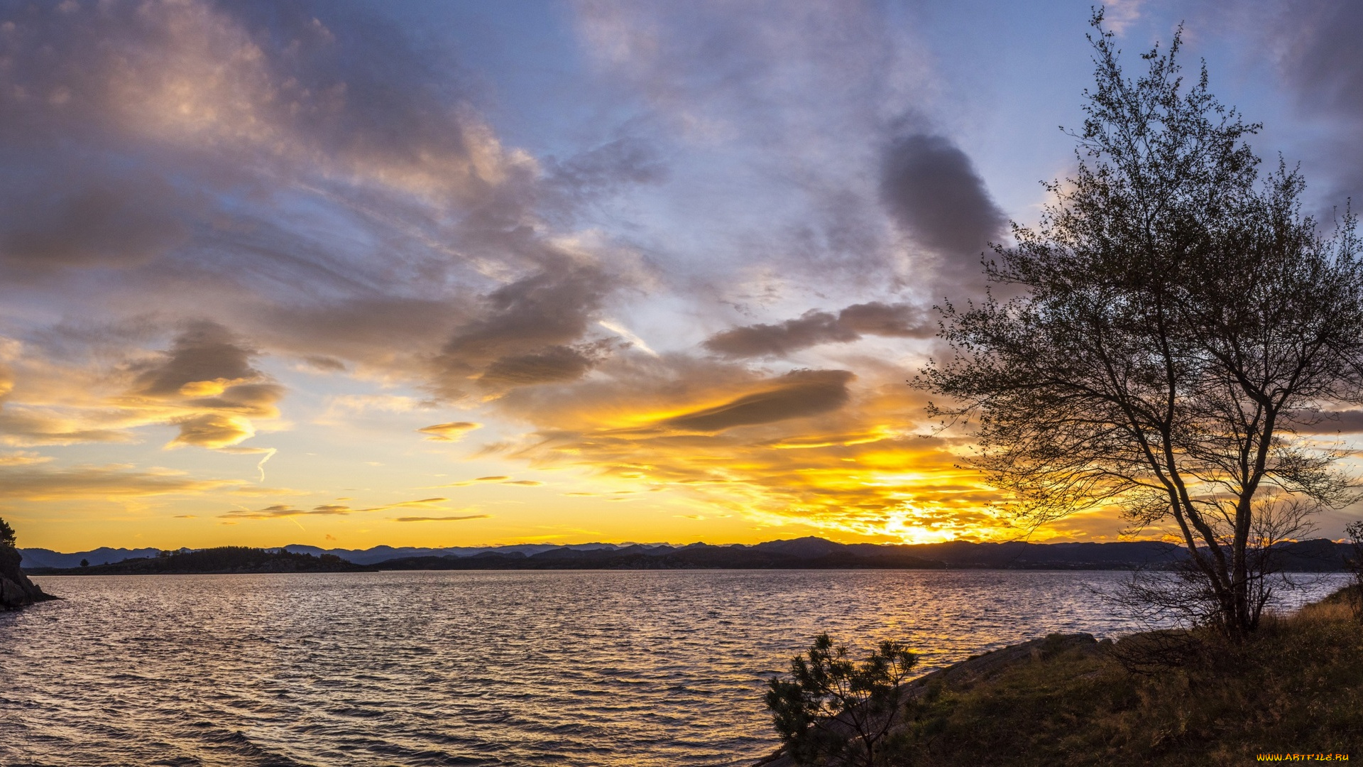 норвегия, природа, восходы, закаты, облака, деревья, трава, водоем