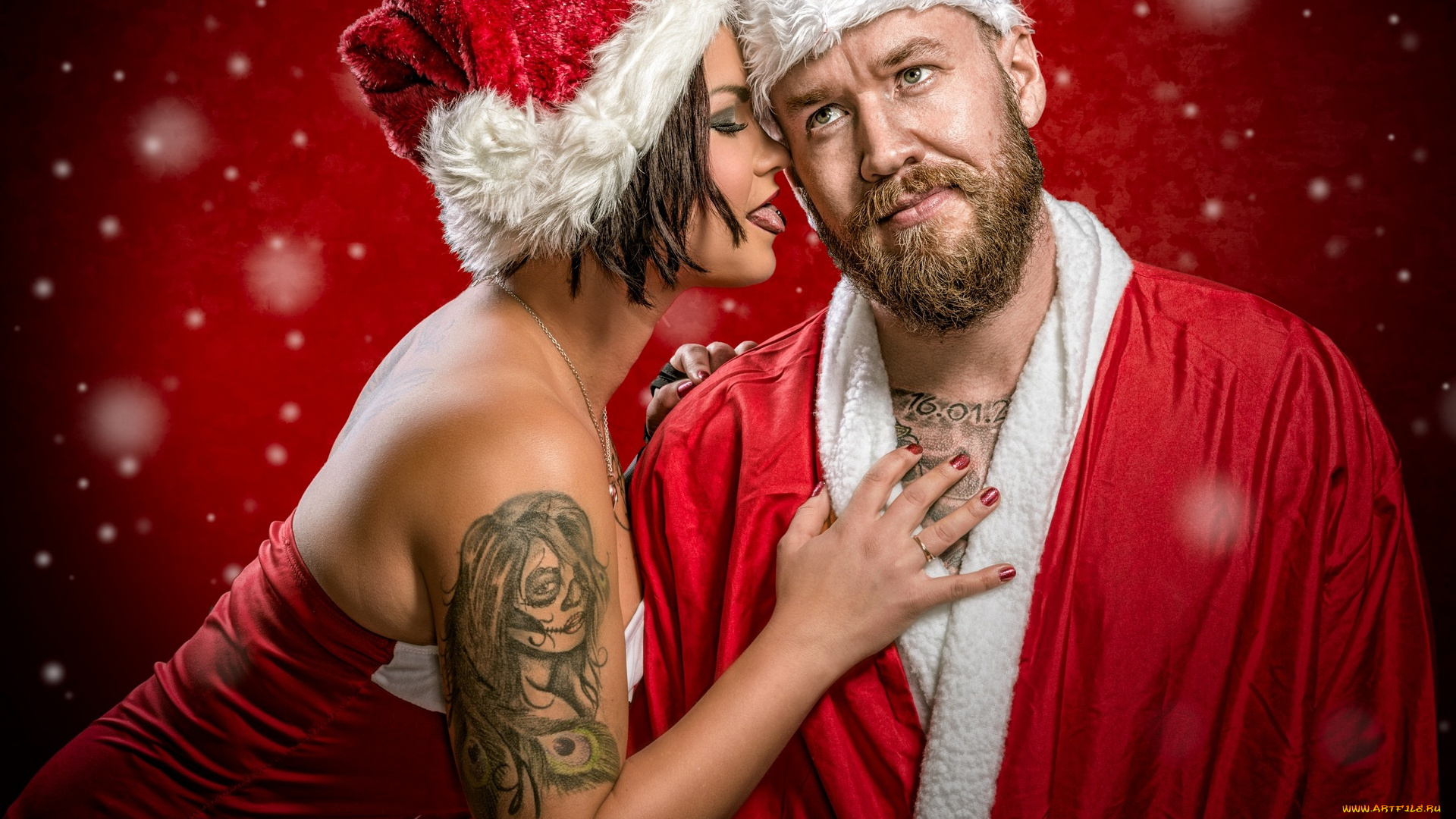 праздничные, дед, мороз, , санта, клаус, снегурочка, девушка, тату, красный, фон