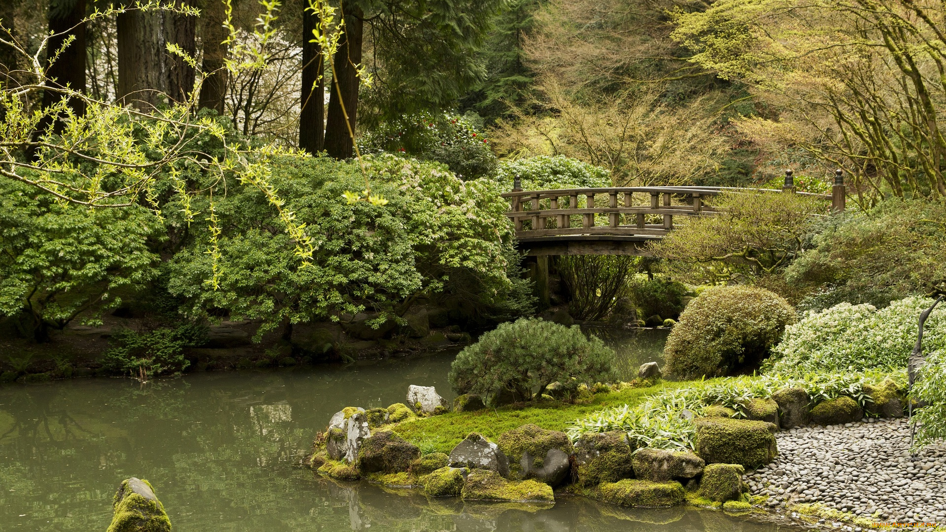 природа, парк, водоем, камни, мост, кустарники, деревья