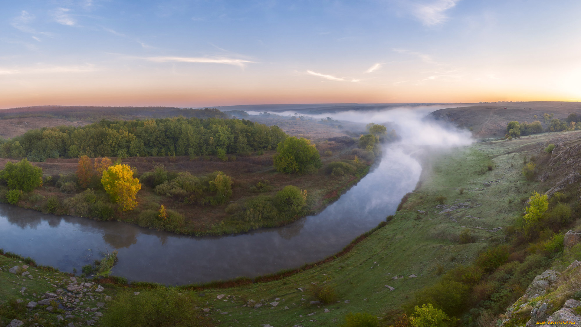 природа, реки, озера, небо, кустарники, деревья, река, кальмиус, туман, украина, камни