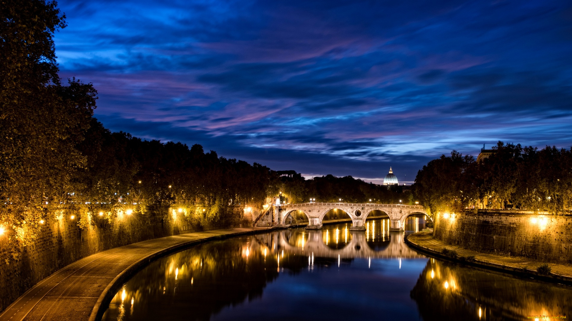 рим, города, , ватикан, , италия, деревья, фонари, мост, водоем