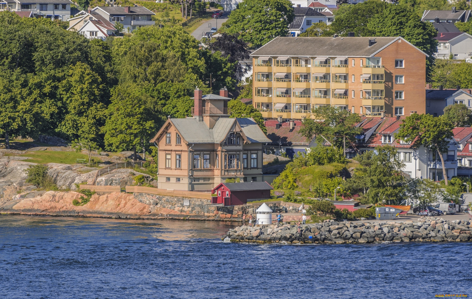 норвегия, города, -, панорамы, деревья, здания, водоем, камни