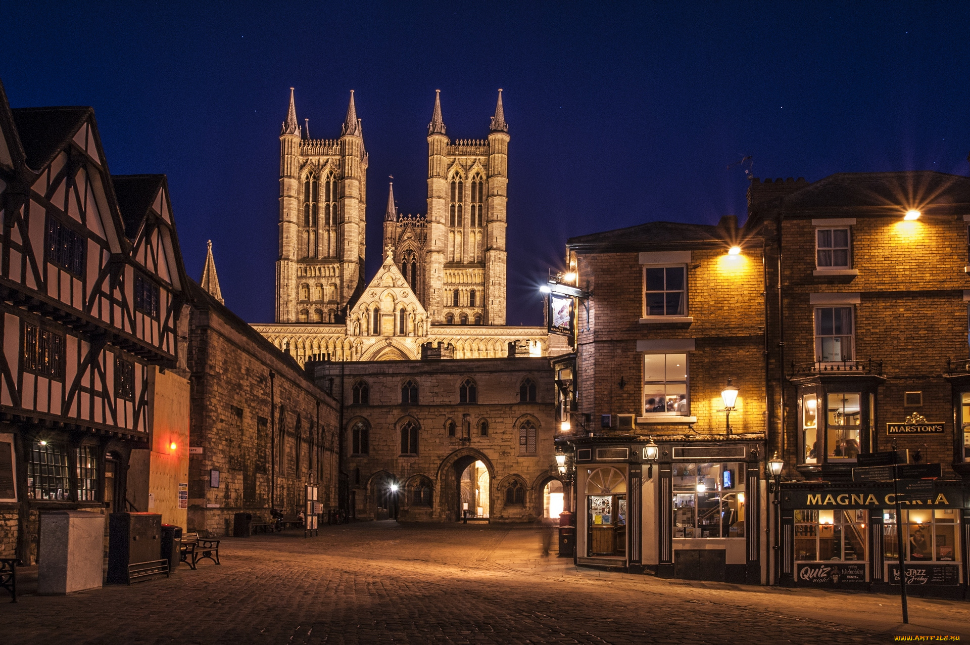 англия, города, -, огни, ночного, города, улица, дорога, здания, фонари