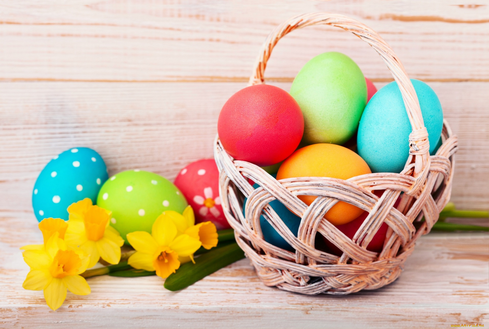 праздничные, пасха, яйцо, нарциссы, корзинка