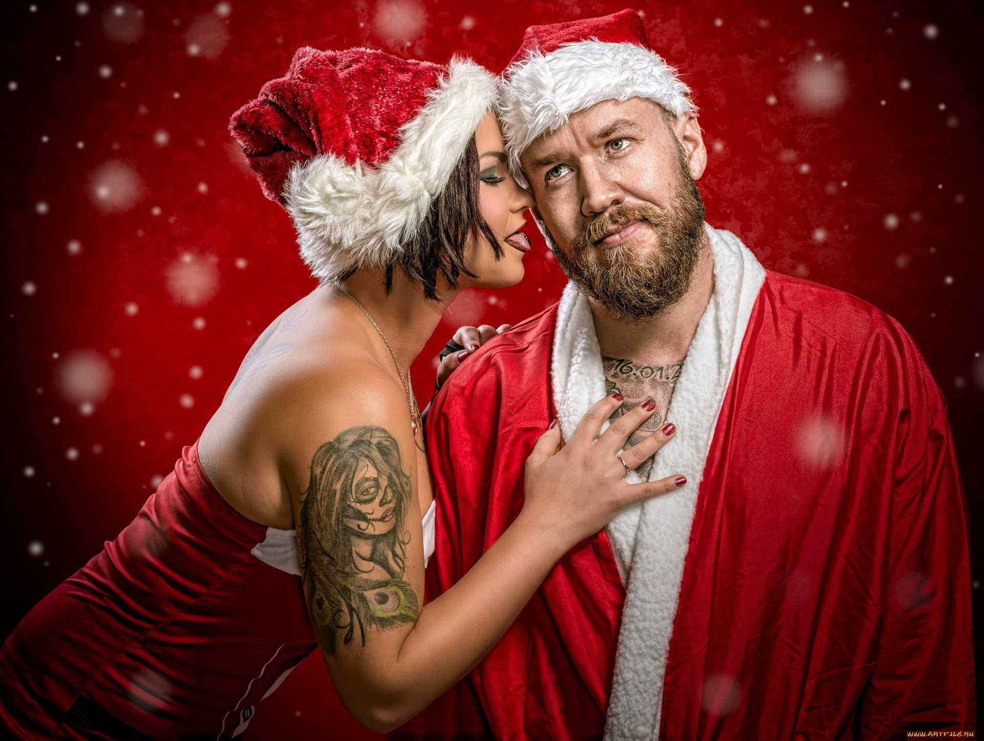 праздничные, дед, мороз, , санта, клаус, снегурочка, девушка, тату, красный, фон