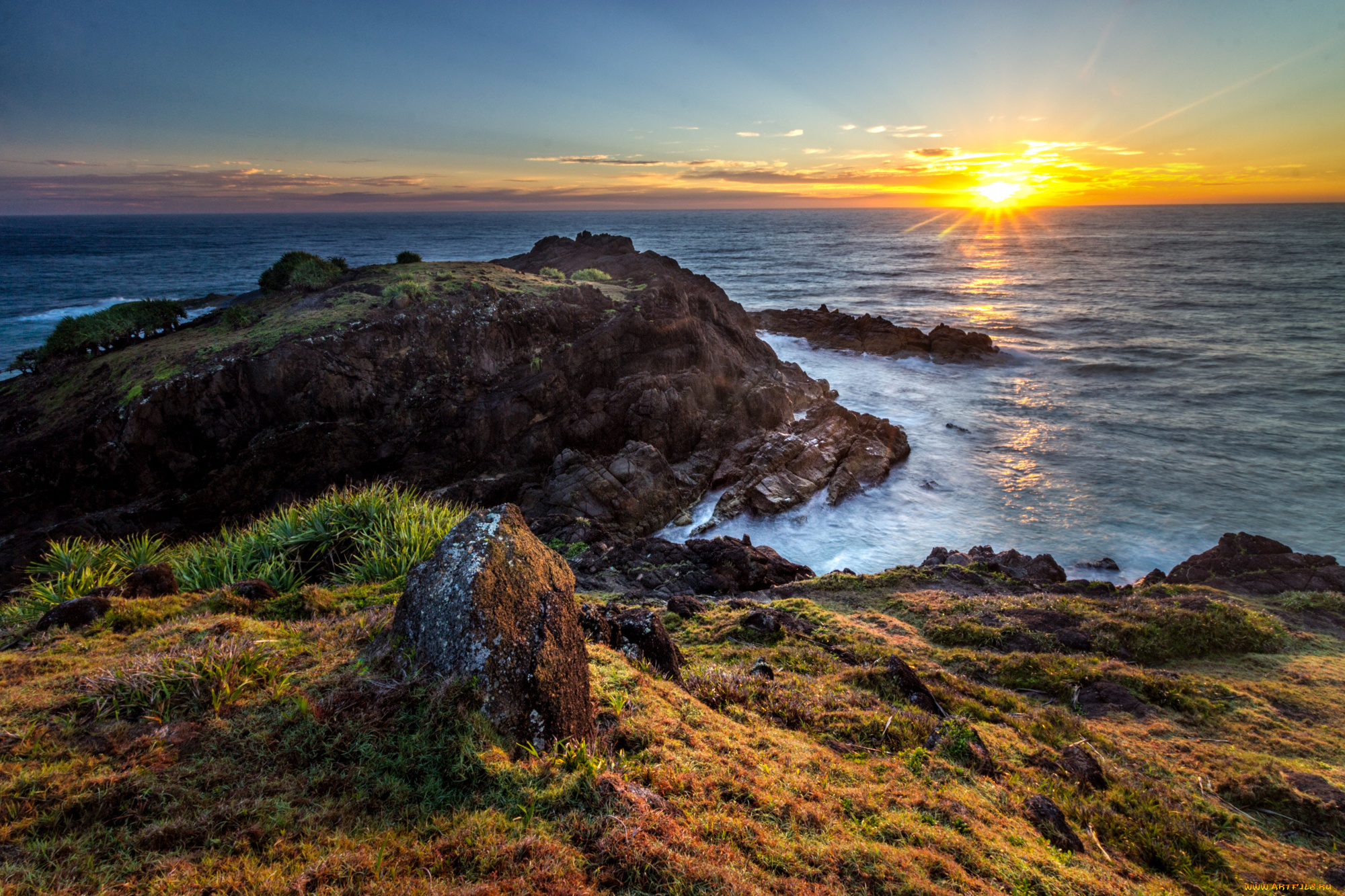 австралия, природа, восходы, закаты, трава, солнце, водоем, камни