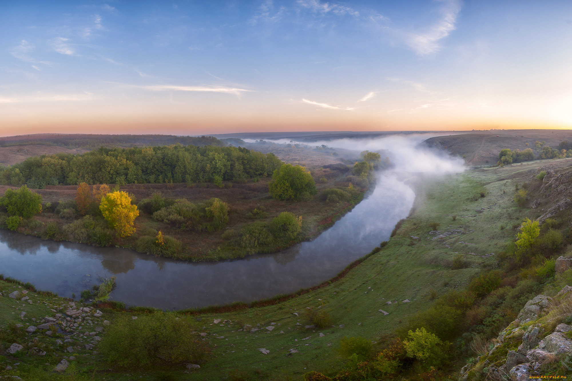природа, реки, озера, небо, кустарники, деревья, река, кальмиус, туман, украина, камни