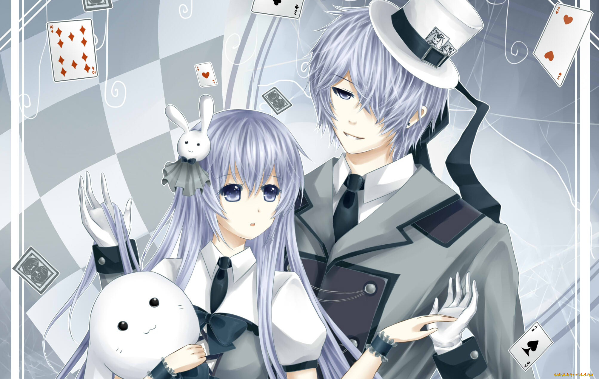 аниме, unknown, , другое, заяц, шляпа, игрушка, карты, парень, девушка