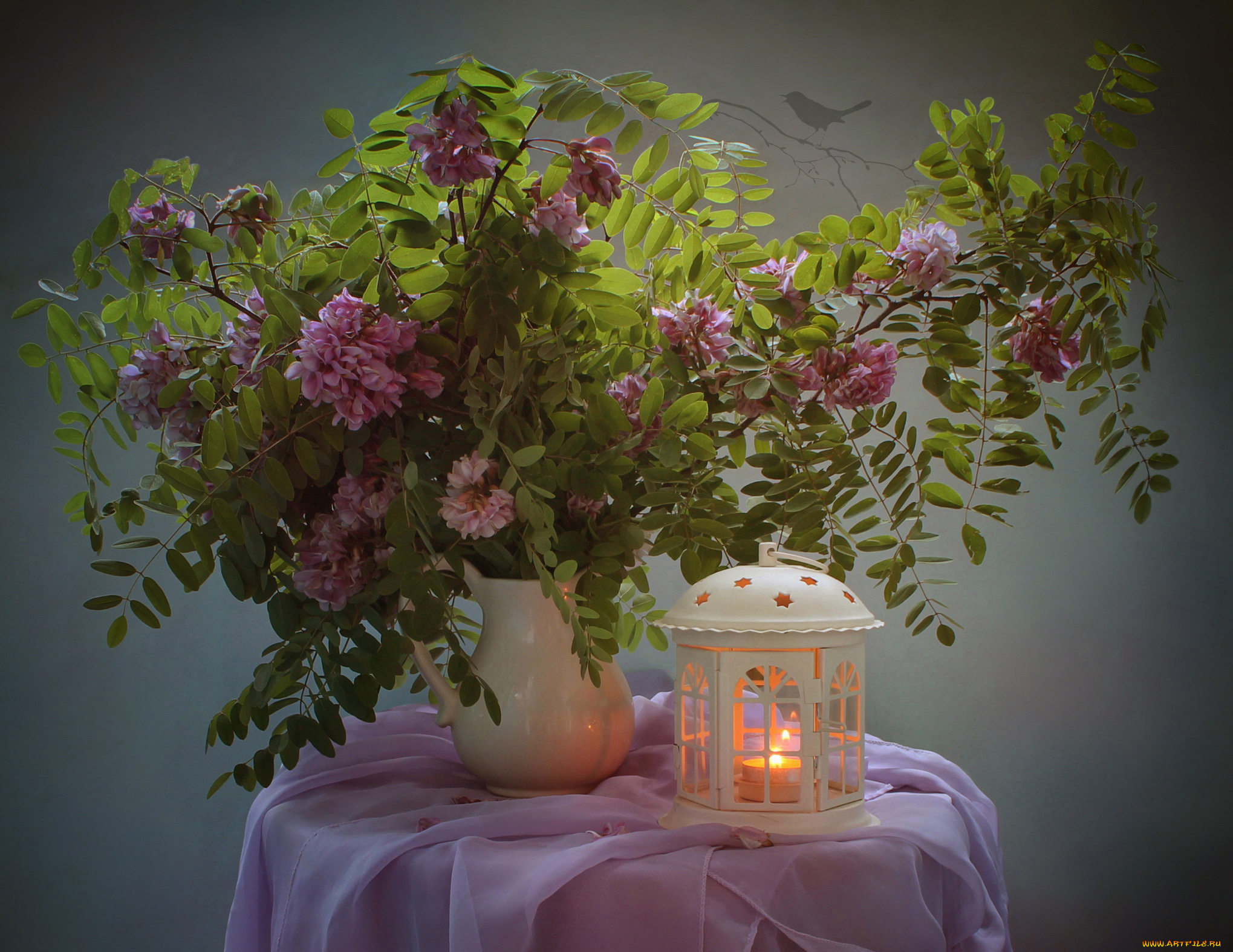 цветы, акация, свеча, фонарь, ветки, кувшин, столик, ткань