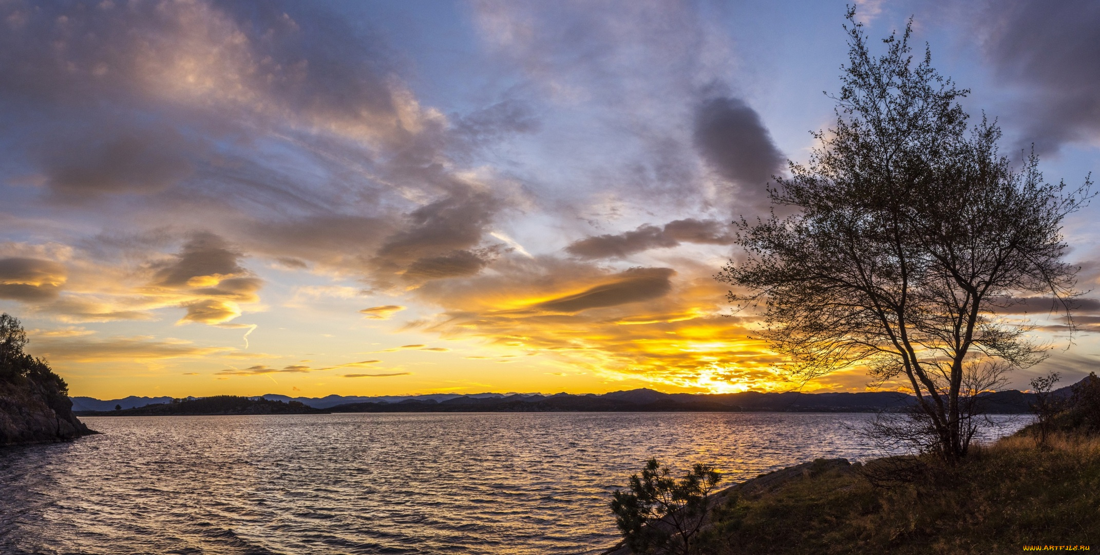 норвегия, природа, восходы, закаты, облака, деревья, трава, водоем