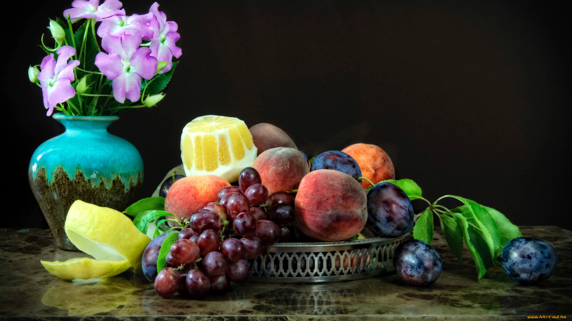 еда, натюрморт, букет, слива, персик, виноград, лимон