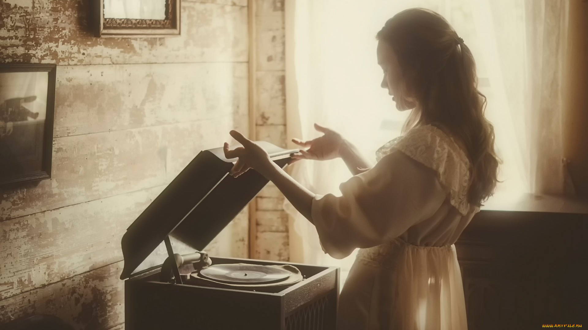 музыка, -другое, профиль, картина, девушка, окно, проигрыватель, комната