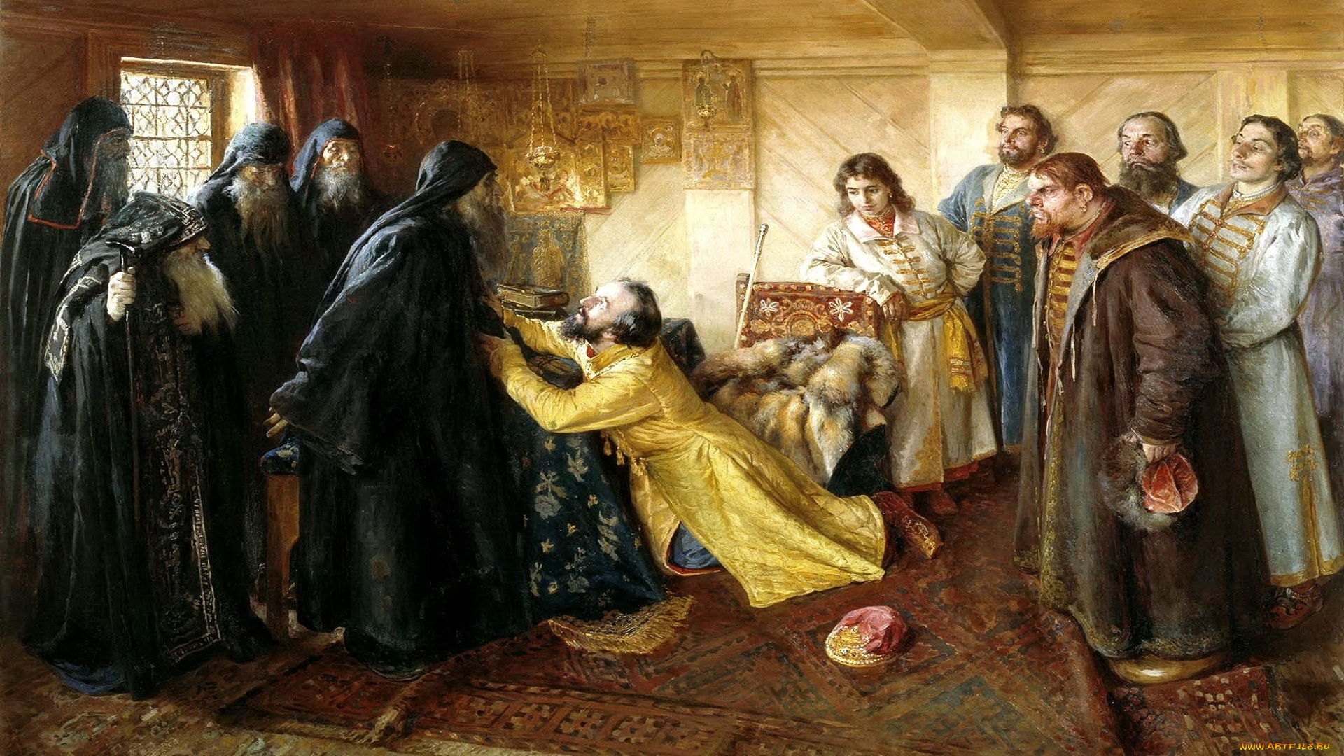 царь, иван, грозный, просит, игумена, кирилла, благословить, его, в, монахи, рисованное, клавдий, лебедев, царь, свита, священники