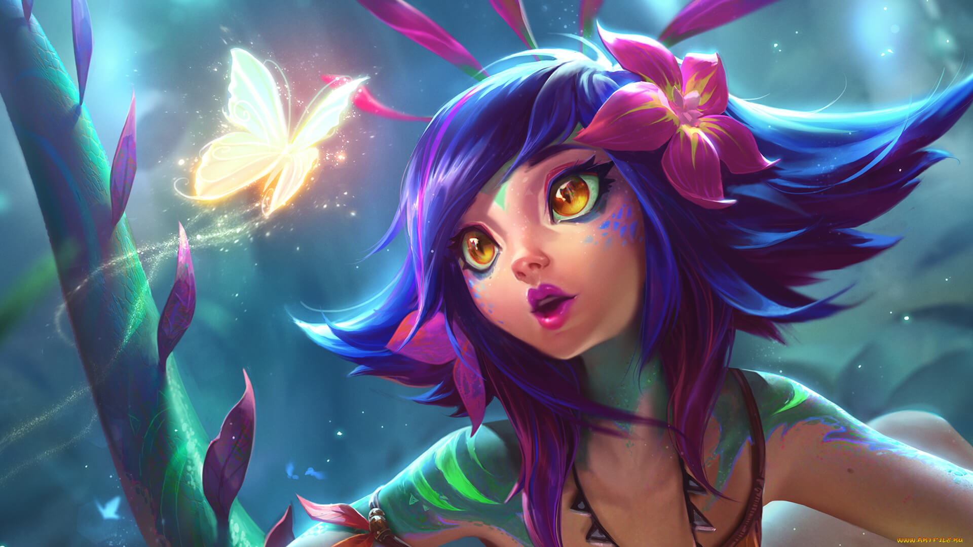 видео, игры, league, of, legends, лицо, цветы, бабочка, neeko