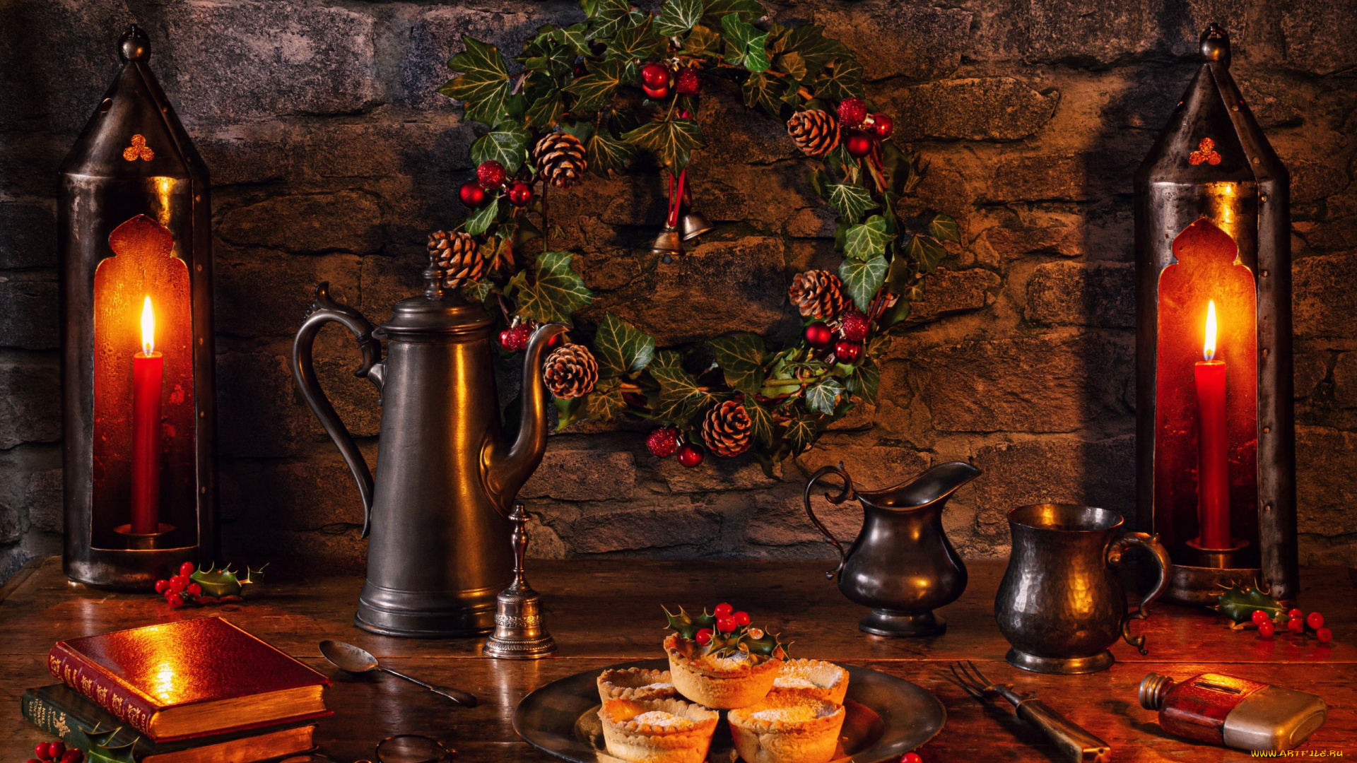 еда, натюрморт, свечи, кофейник, кексы, книги