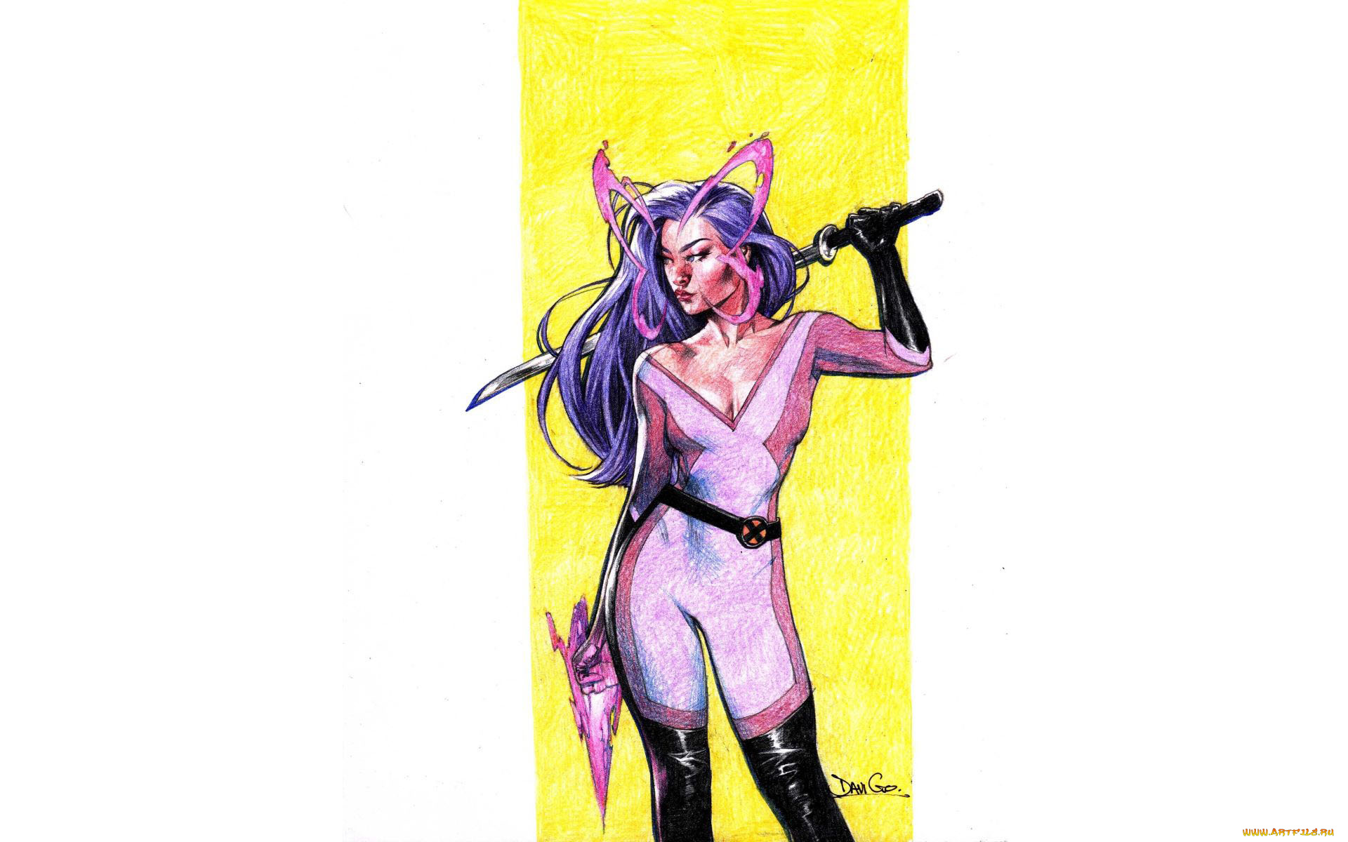 рисованное, комиксы, девушка, меч, костюм