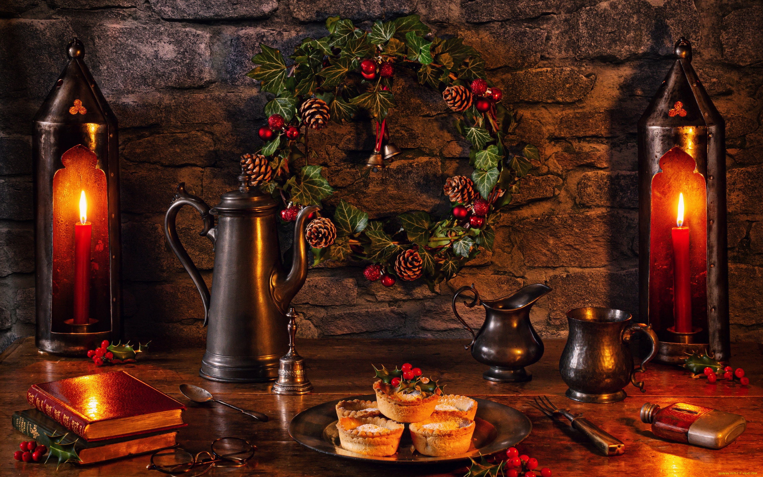 еда, натюрморт, свечи, кофейник, кексы, книги