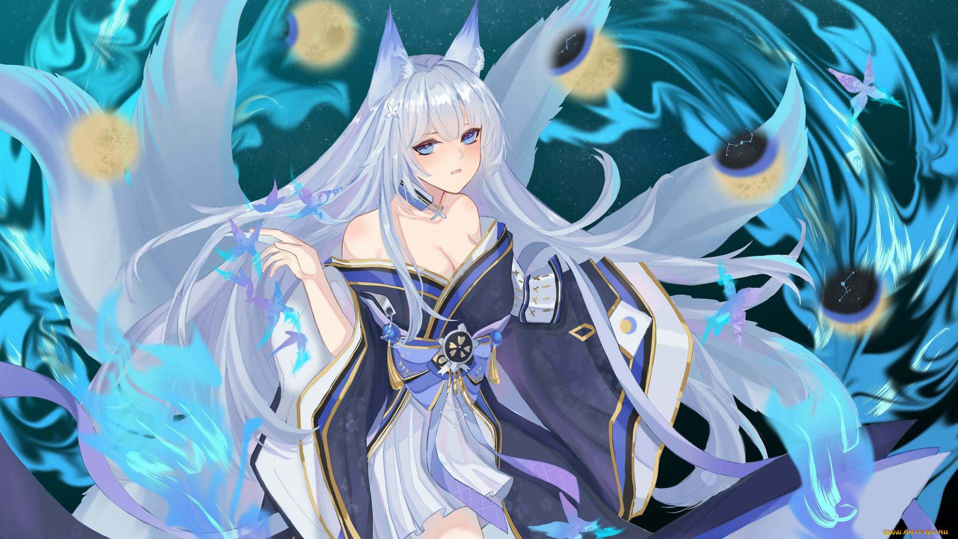 аниме, azur, lane, девушка, ушки, хвосты, магия