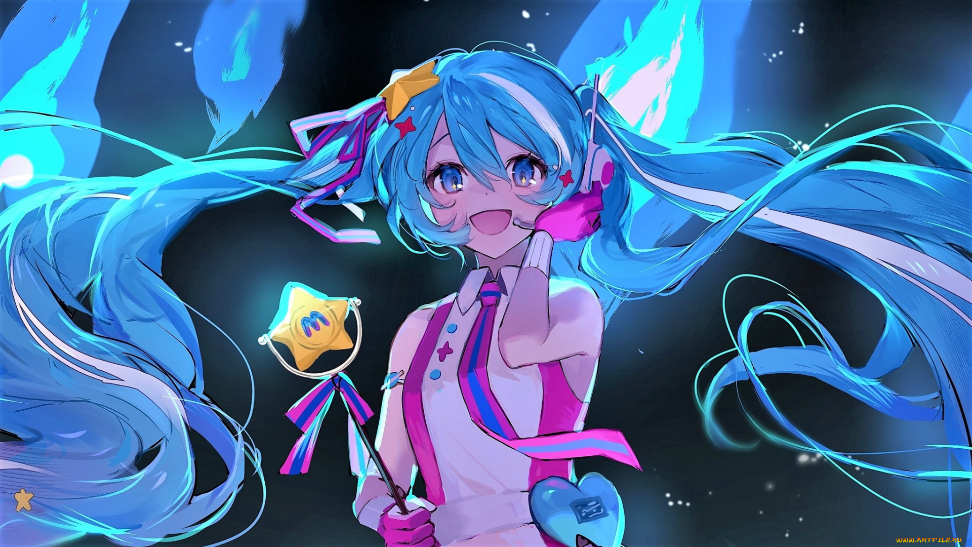 аниме, vocaloid, девочка, волосы, посох