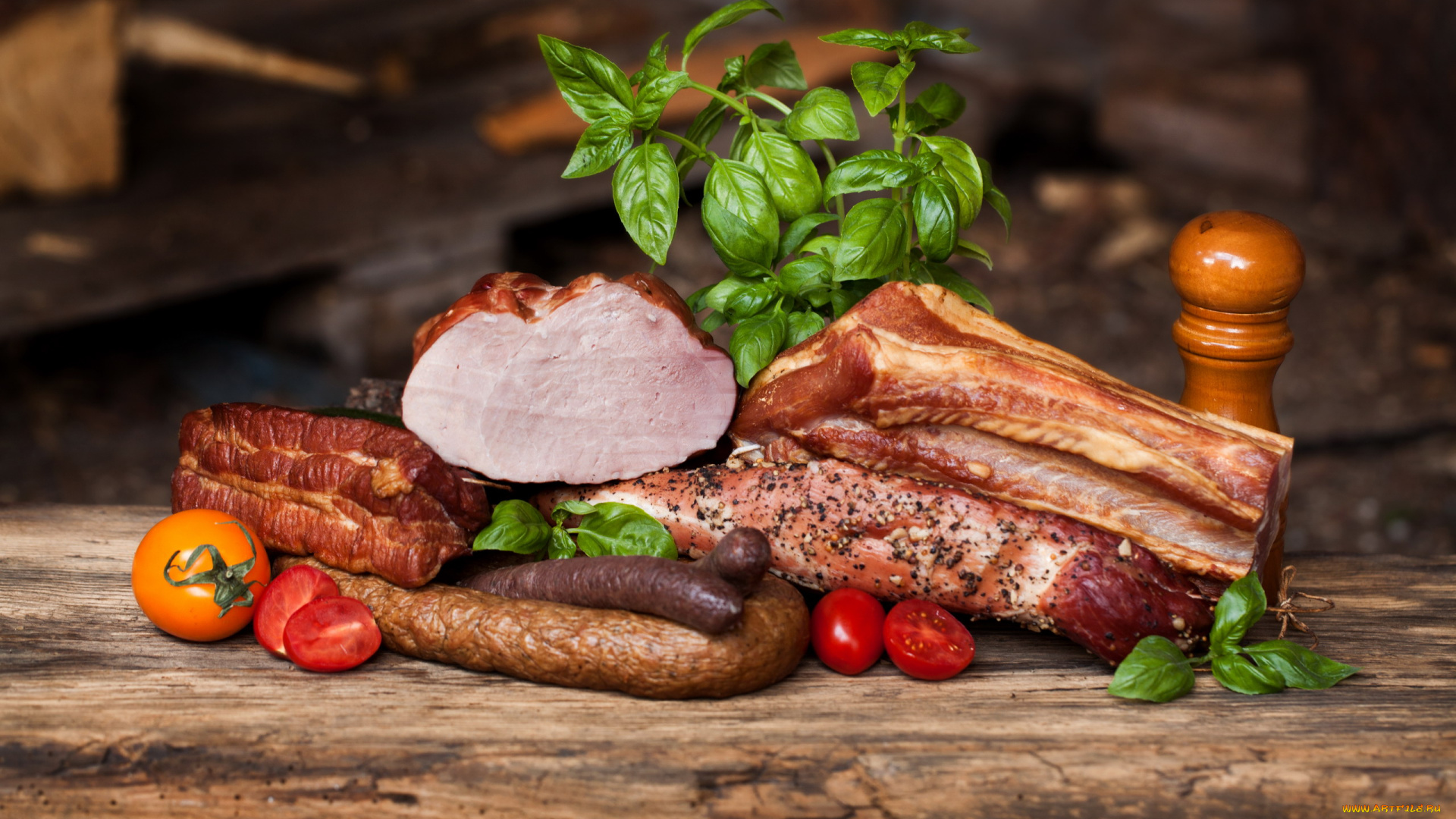 еда, колбасные, изделия, базилик, колбаса, ветчина, помидоры