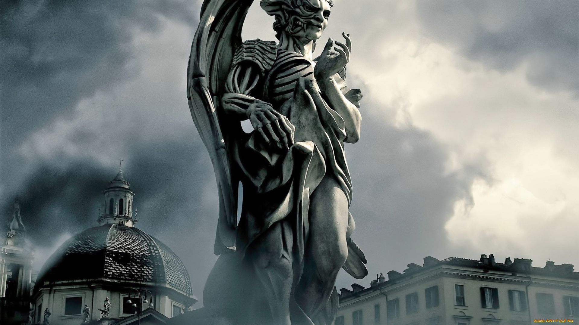 кино, фильмы, angels, &, demons, статуя, дома, здания, город