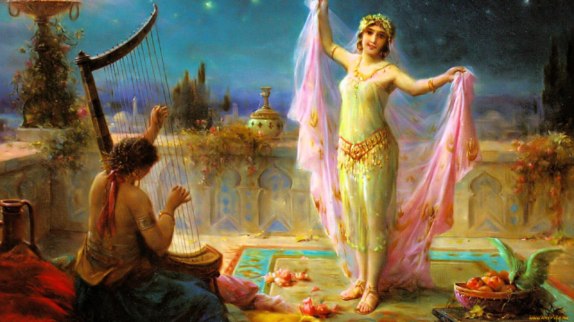 рисованное, hans, zatzka, женщины, танец, музыка, арфа, ковер