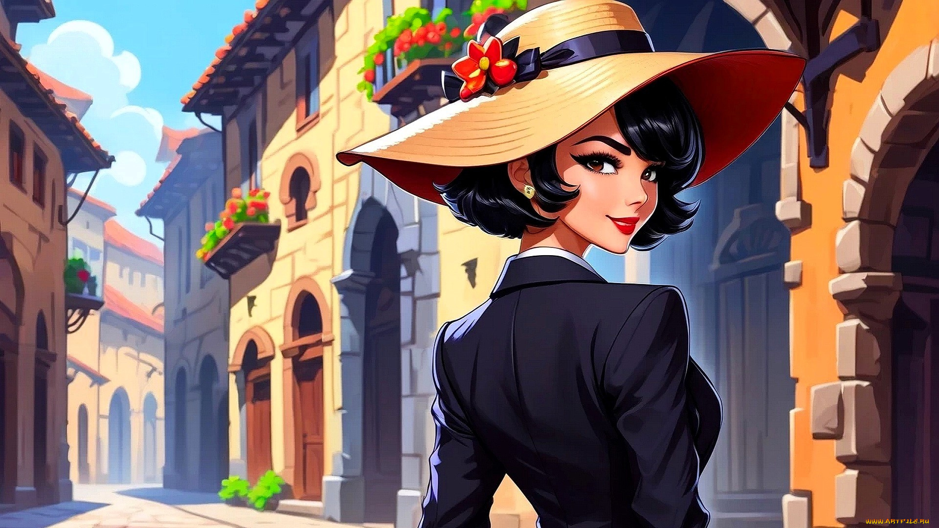 рисованное, люди, девушка, шляпа, костюм, город, дома
