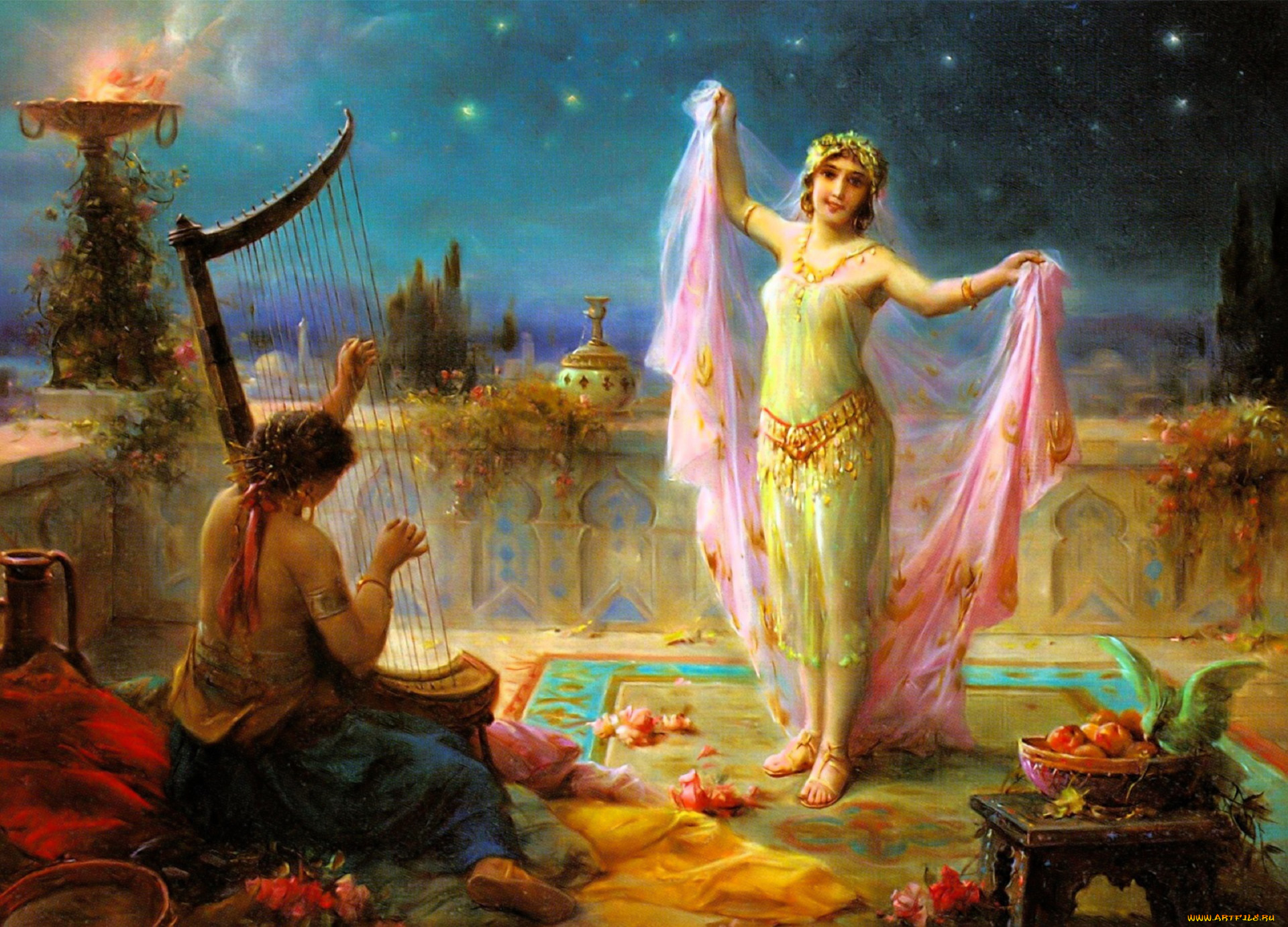 рисованное, hans, zatzka, женщины, танец, музыка, арфа, ковер