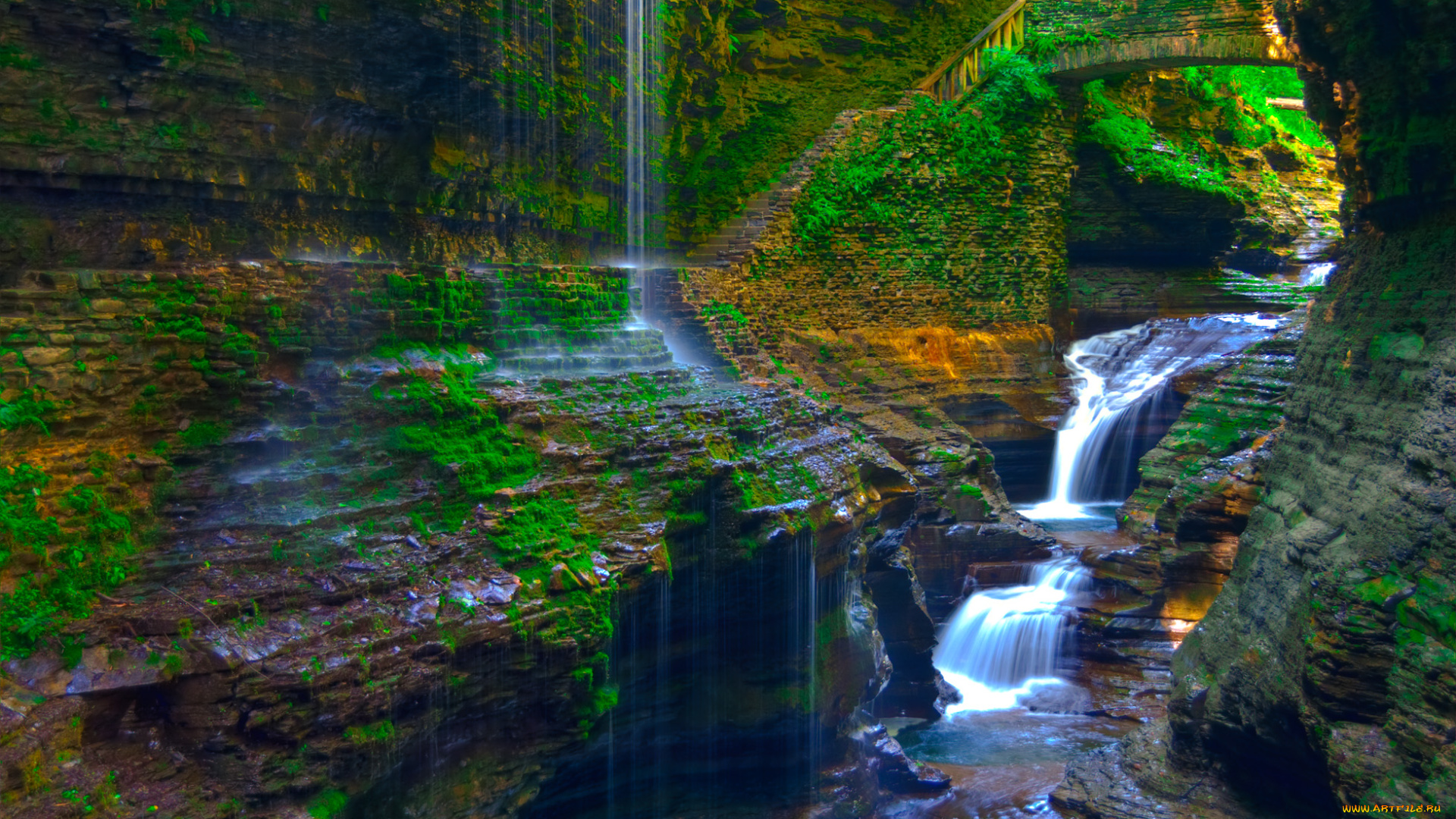 watkins, glen, waterfall, природа, водопады, каньон, мост, водопад