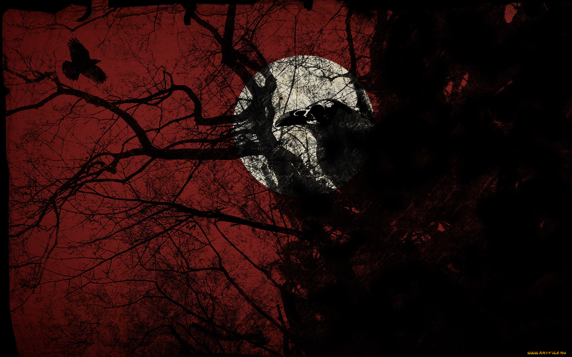 фэнтези, другое, вороны, дерево, ночь, луна