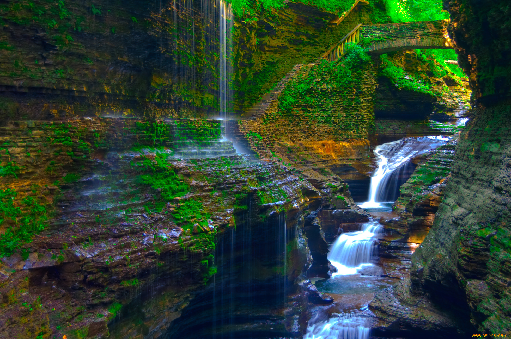 watkins, glen, waterfall, природа, водопады, каньон, мост, водопад